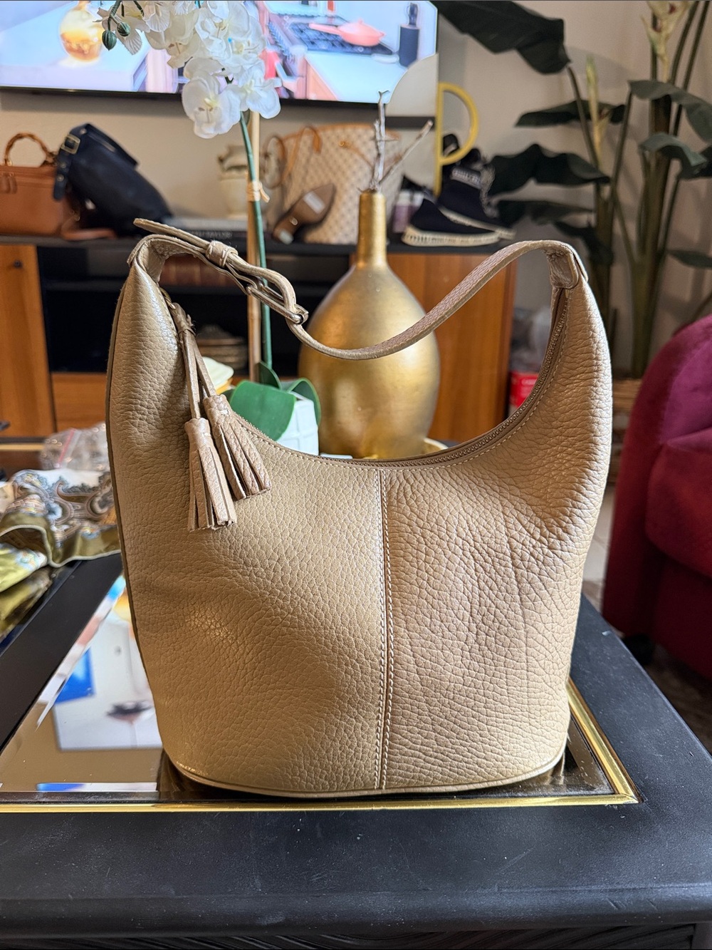 Classic Pebbled Leather Dooney and Bourke Hobo Bag in Taupe